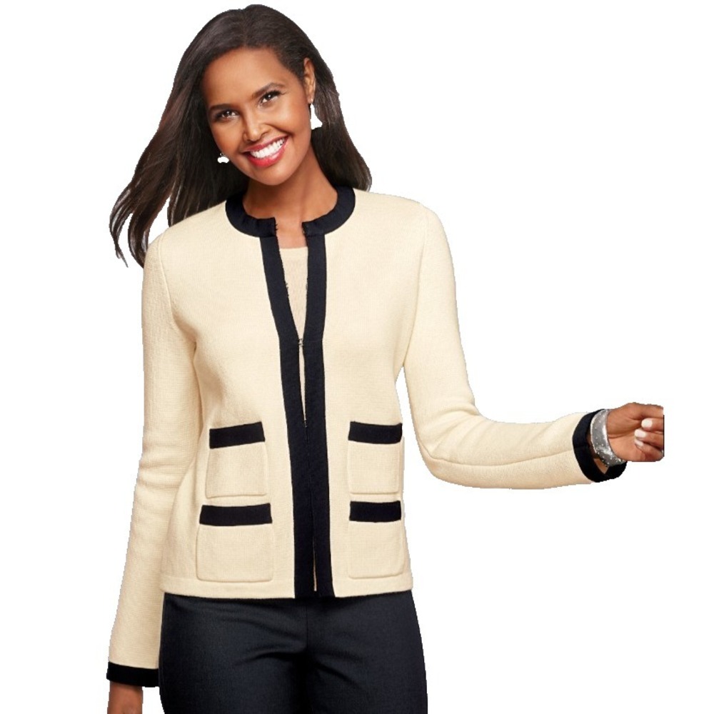Talbots Grosgrain Trim Jacket Womens M Petite White Black Career Casual Polished
